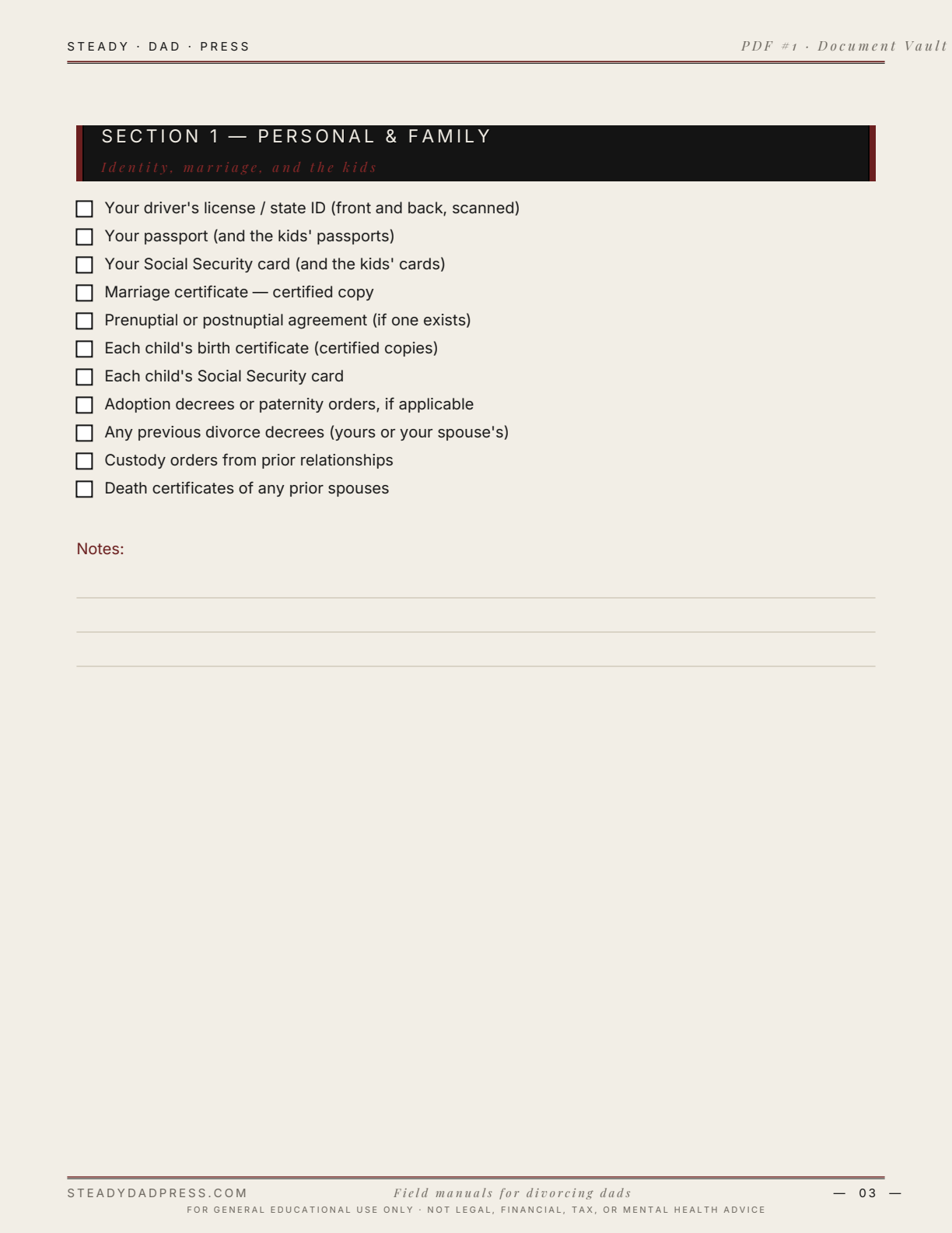 The Pre-Filing Document Vault — sample page