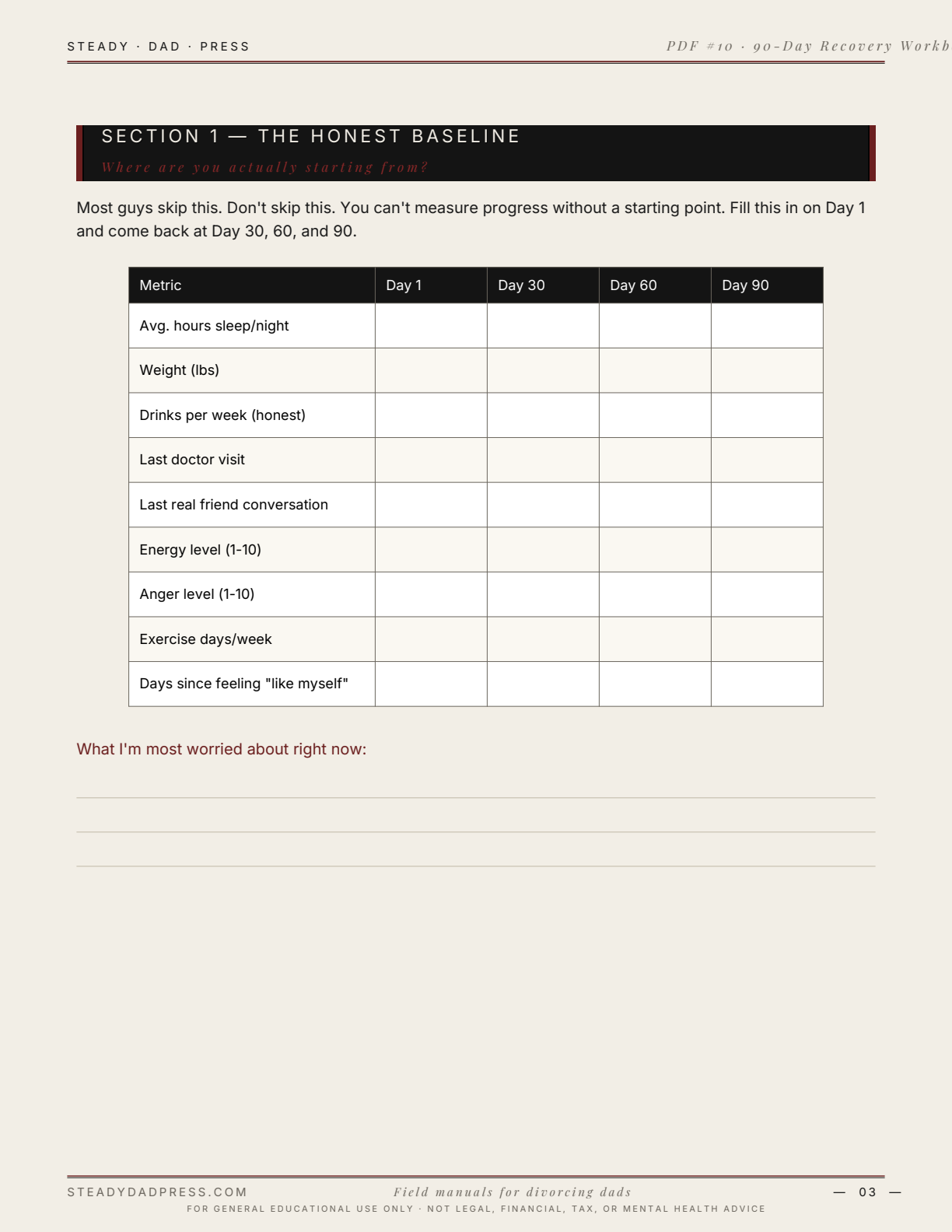 Steady Dad 90-Day Recovery Workbook — sample page